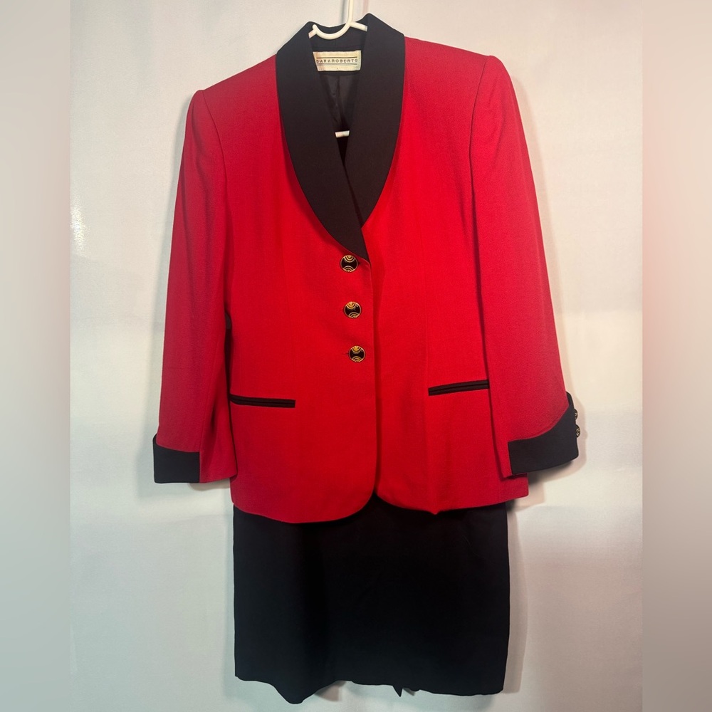 Vintage Red & Black Wool Blazer & Skirt Set